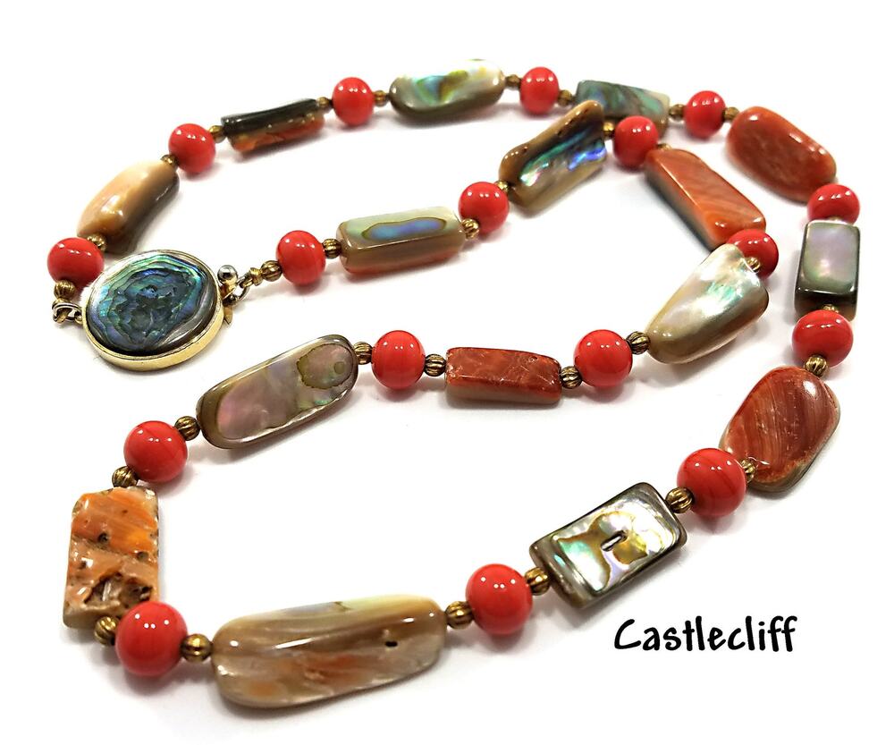 Castlecliff Abalone Beaded Necklace, Orange Glass Beads Gold Plate Abalone Clasp